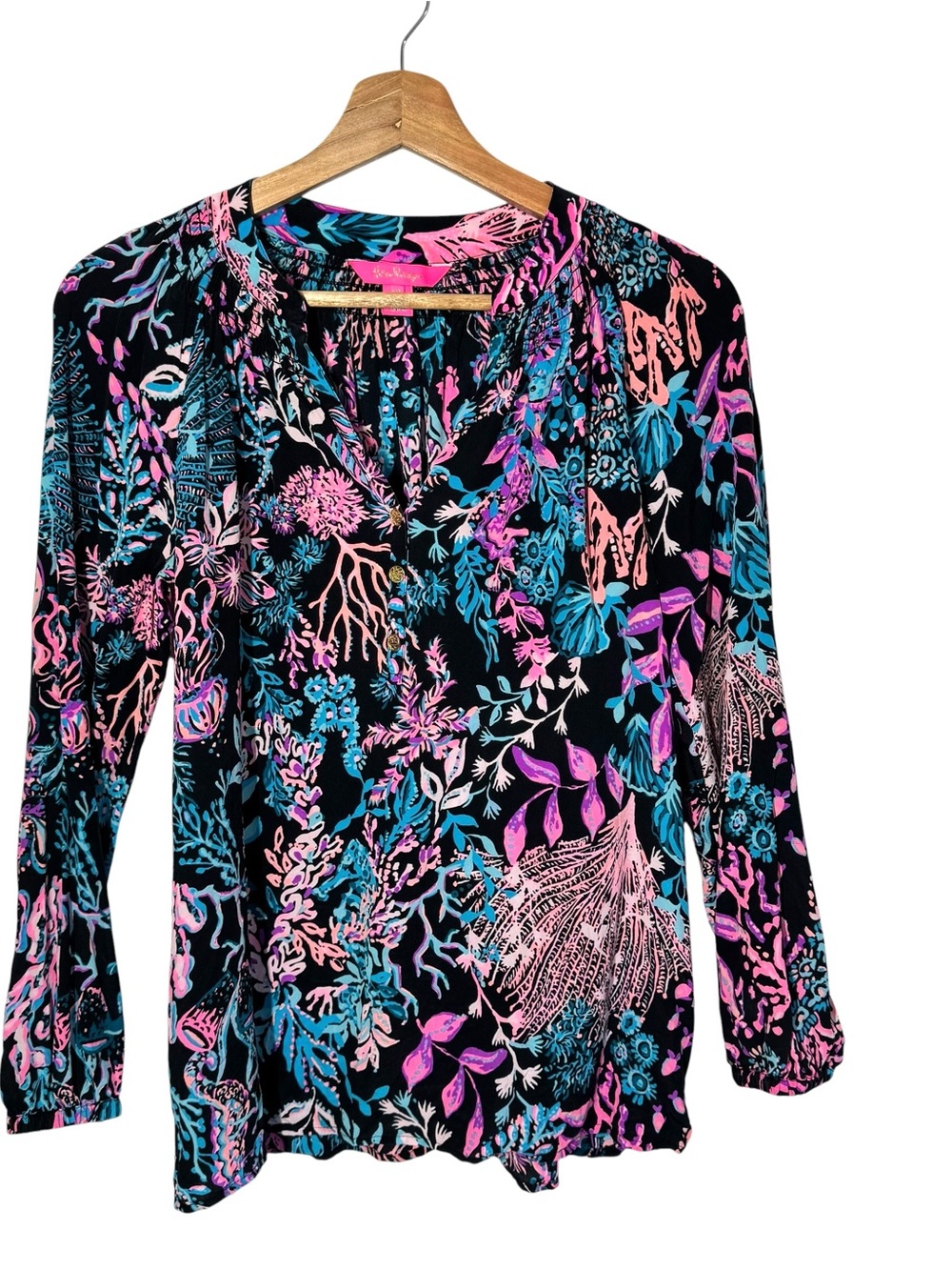 LILLY PULITZER ELSA Smocked Neck Shirt Sheer Black Teal Pink Silk XS Coral Print